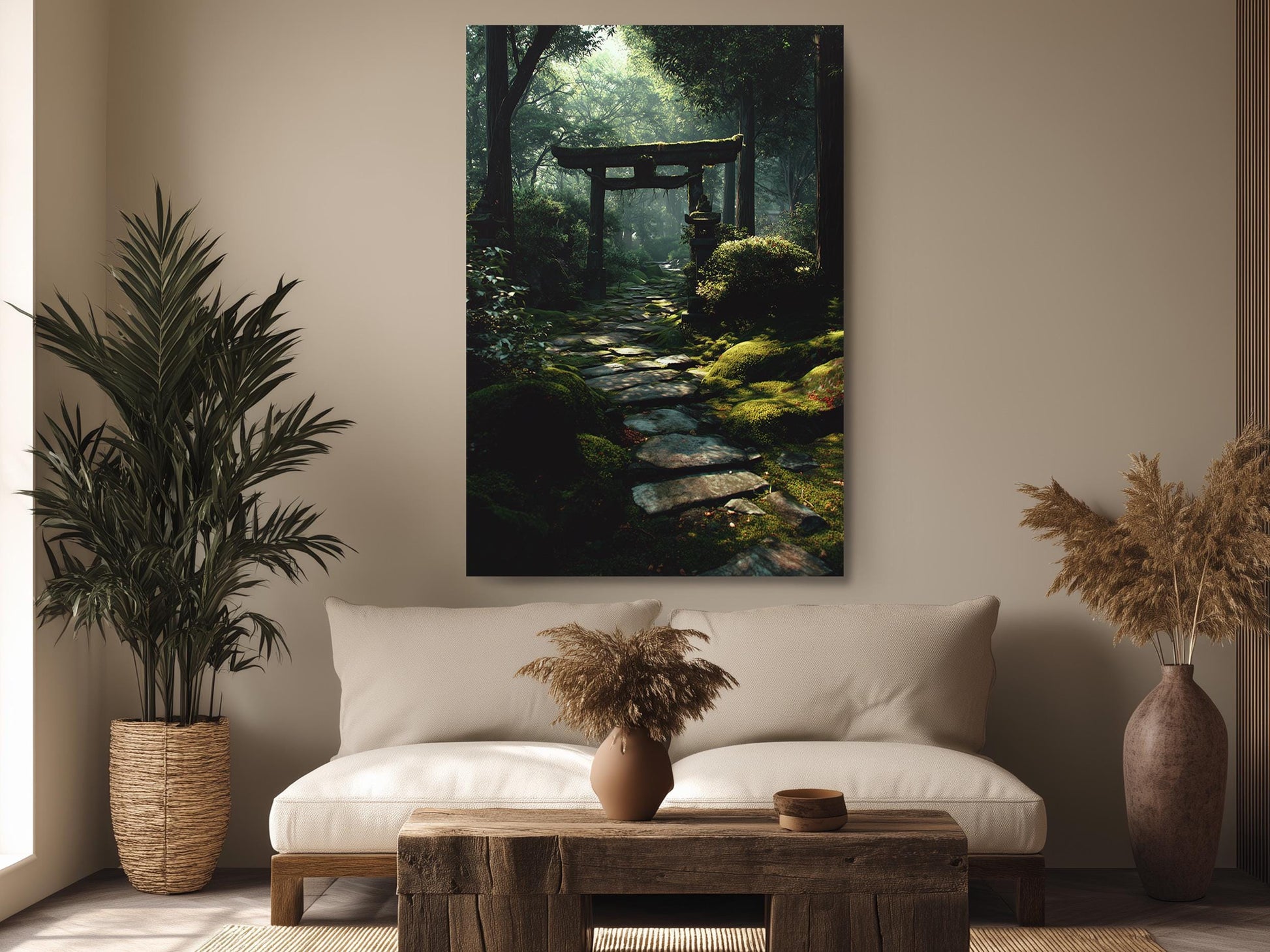 a serene and lush forest scene, with a stone path leading through the greenery and moss. The forest is illuminated by sunlight filtering through the trees, creating a peaceful and tranquil atmosphere.