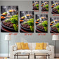The image is a collage of six photographs depicting various types of food, including grilled meat and vegetables, arranged on a table. The photographs are arranged in a grid format, with each photograph having a different size and orientation. The photographs are displayed on a wall, and there is a white couch and a coffee table in the foreground.