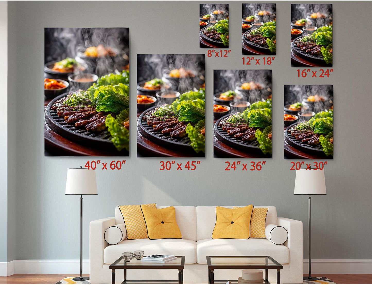 The image is a collage of six photographs depicting various types of food, including grilled meat and vegetables, arranged on a table. The photographs are arranged in a grid format, with each photograph having a different size and orientation. The photographs are displayed on a wall, and there is a white couch and a coffee table in the foreground.
