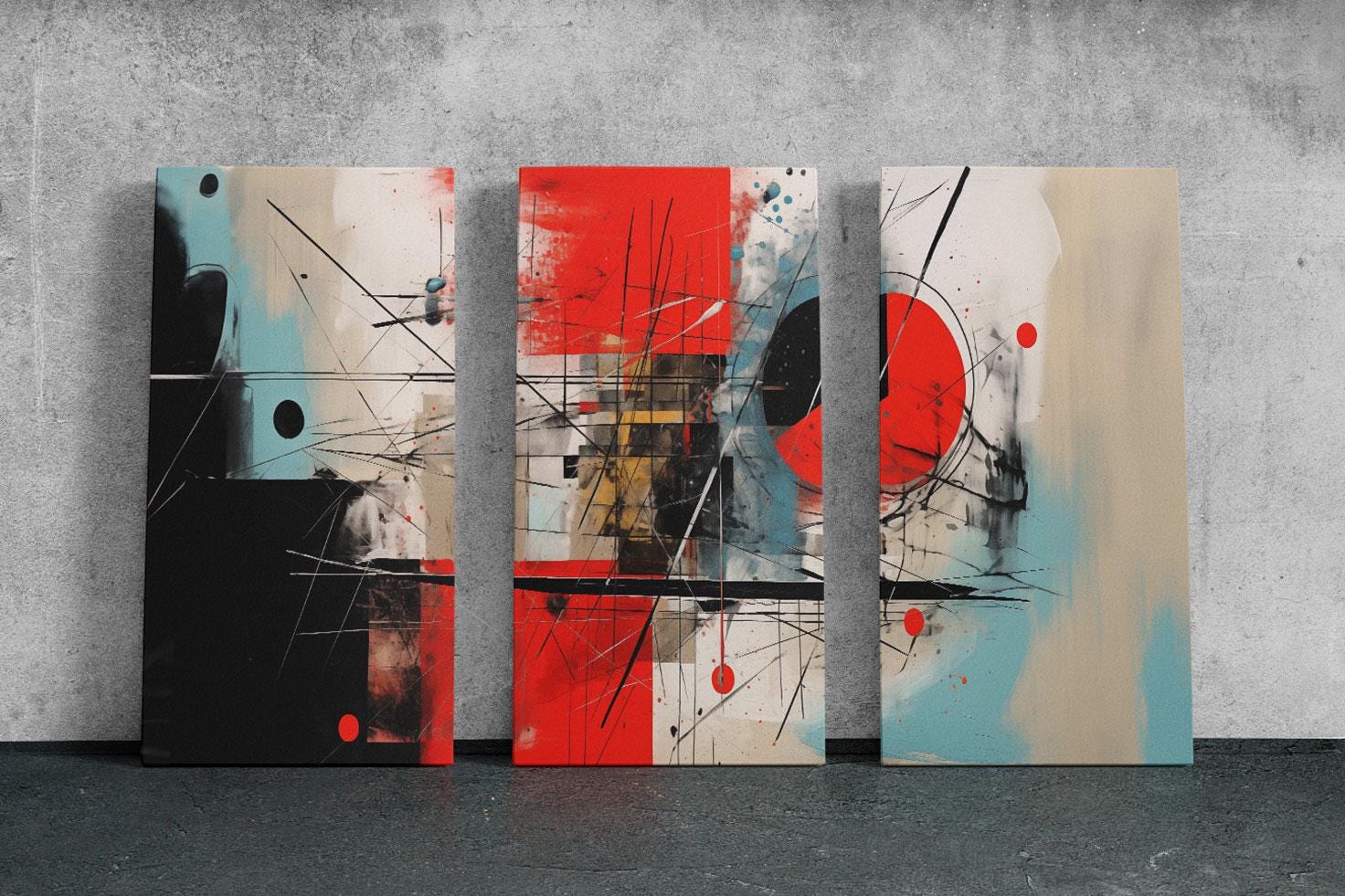 a group of three paintings sitting on top of a wall