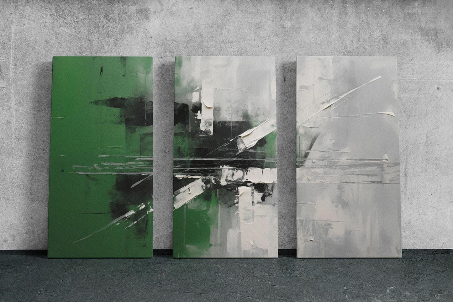 a group of three paintings sitting on top of a wall