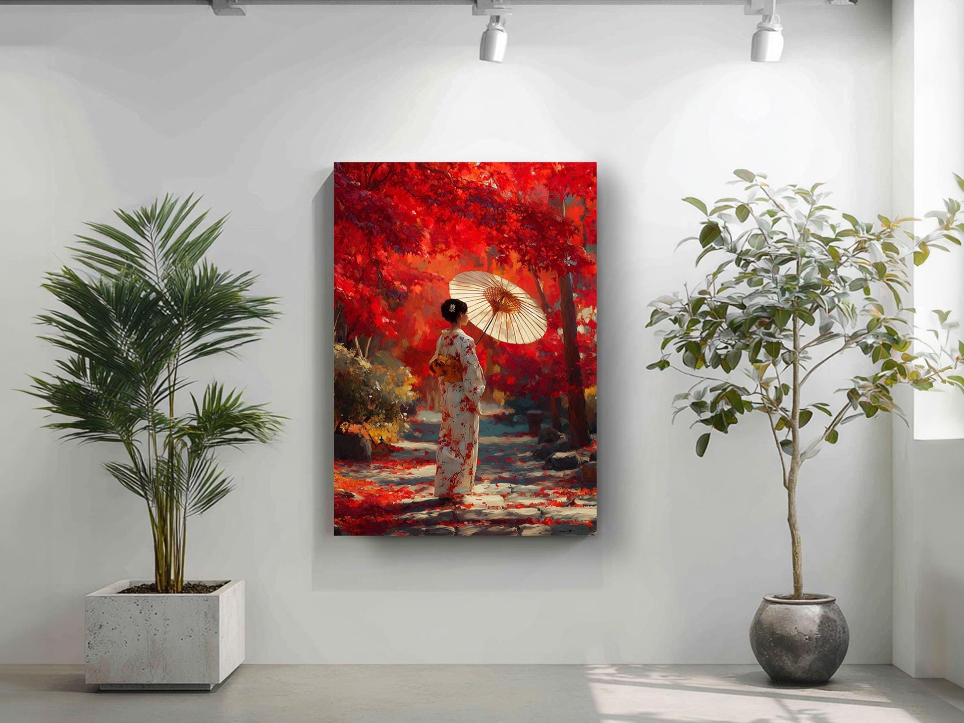 a woman in a traditional Japanese kimono holding a parasol, standing in front of a vibrant red background with trees and foliage.