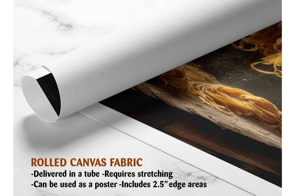 The image is a rolled canvas fabric, which is a type of canvas material used for creating posters or wall art. It is described as a tube-delivered fabric, which means it is delivered in a tube and requires stretching before use. The fabric can be used as a poster and includes a 2.5&quot; edge area.