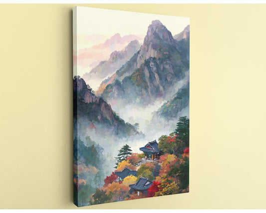 The image is a painting depicting a mountainous landscape with a temple nestled among the trees and mountains.