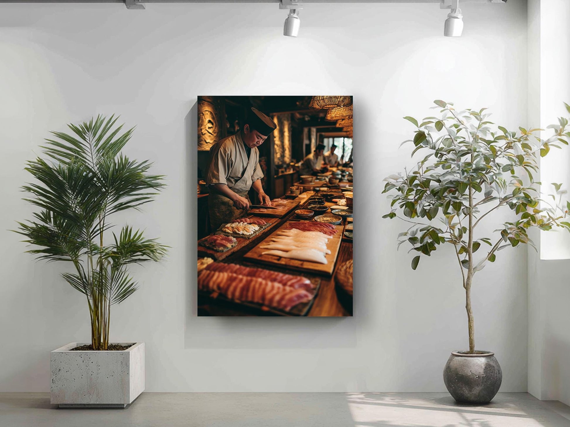 a chef in a kitchen preparing food, with various ingredients and dishes visible on the counter.