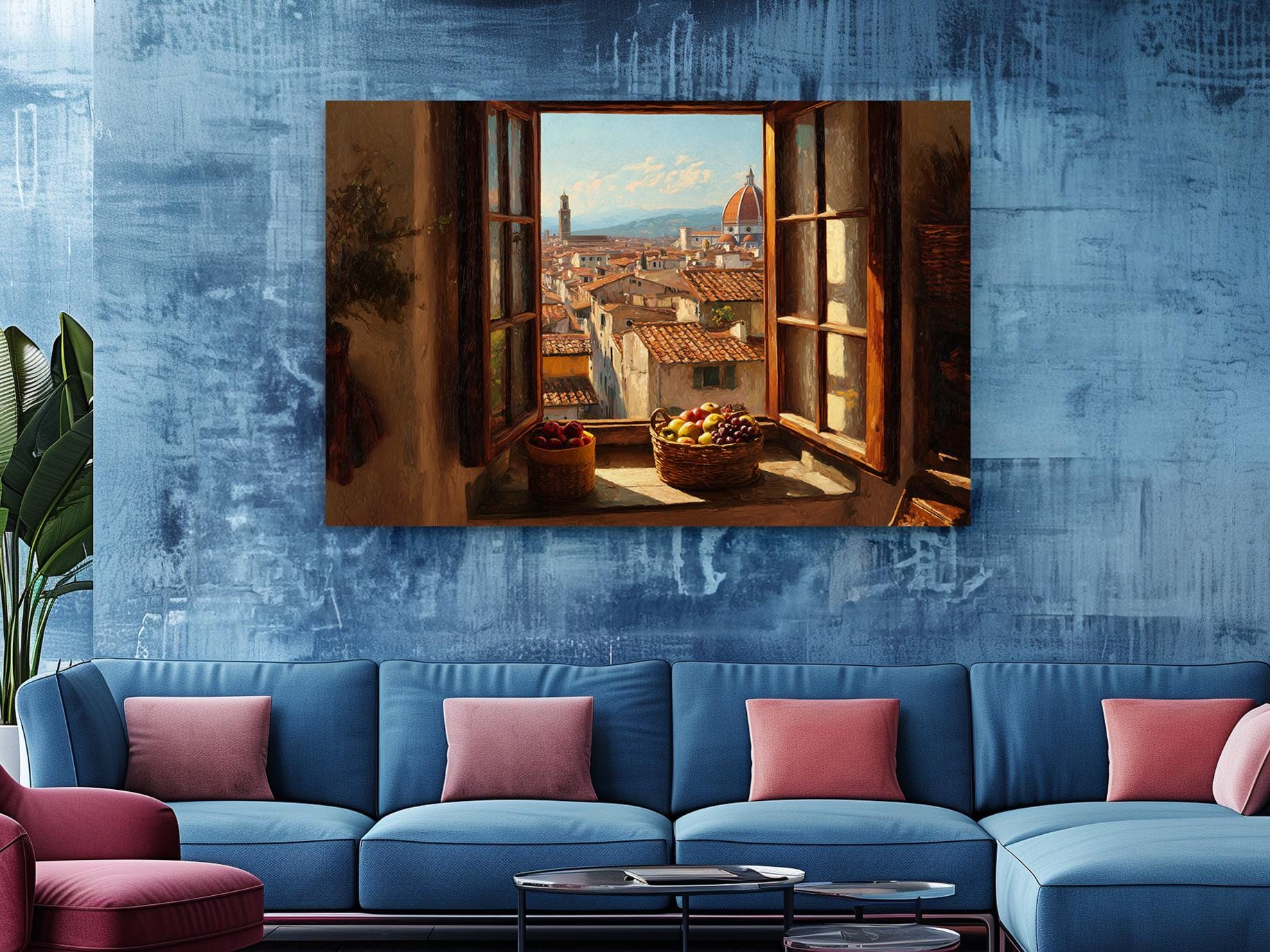 a large painting of a cityscape hanging on a blue wall above a blue sofa with pink pillows.