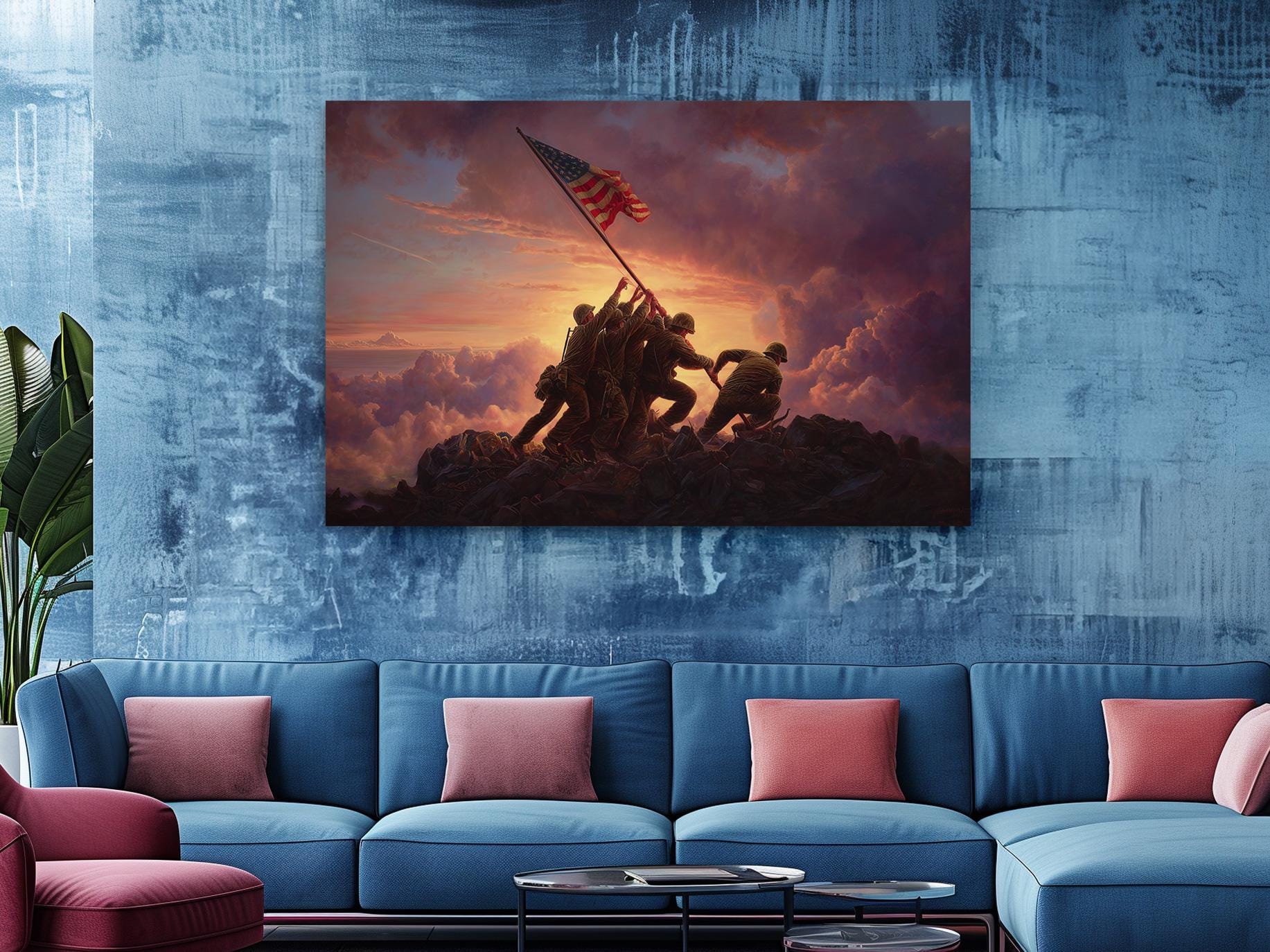 a large American flag being hoisted on a mountain, with soldiers marching in formation.