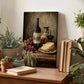 a still life painting of a table with various objects, including a bottle of wine, a plate of cheese, grapes, and potted plants.