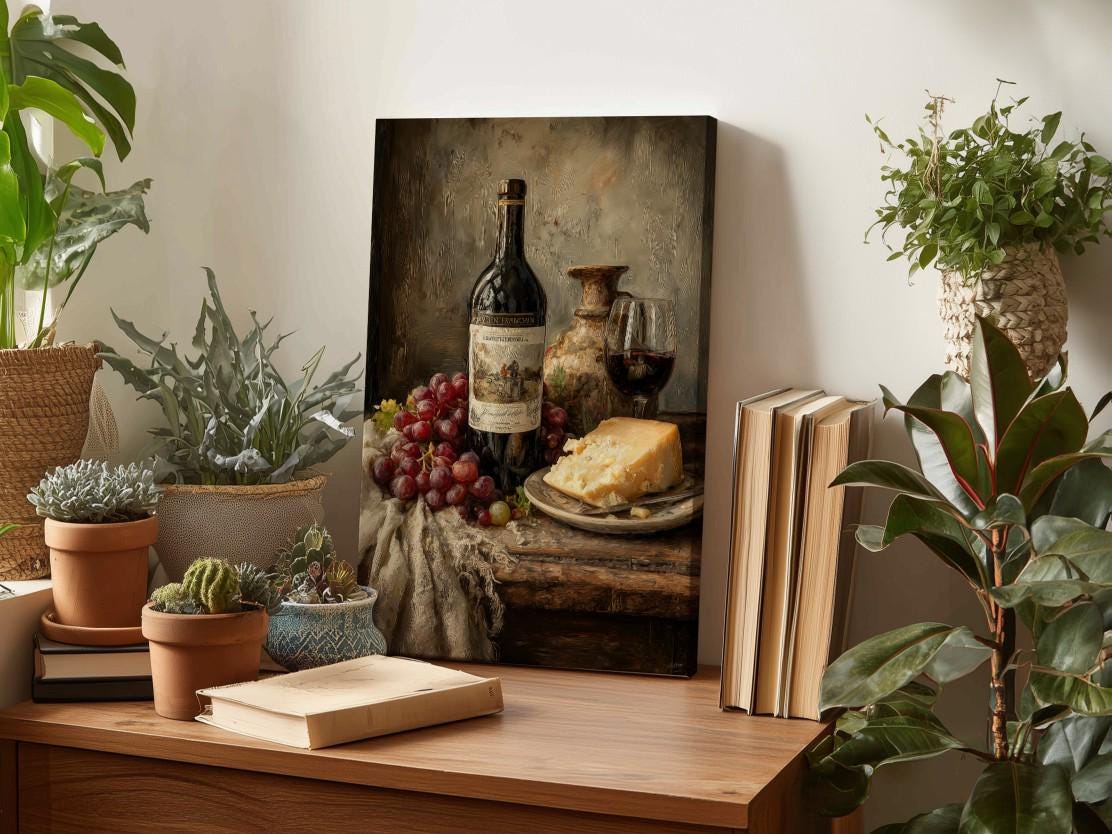 a still life painting of a table with various objects, including a bottle of wine, a plate of cheese, grapes, and potted plants.