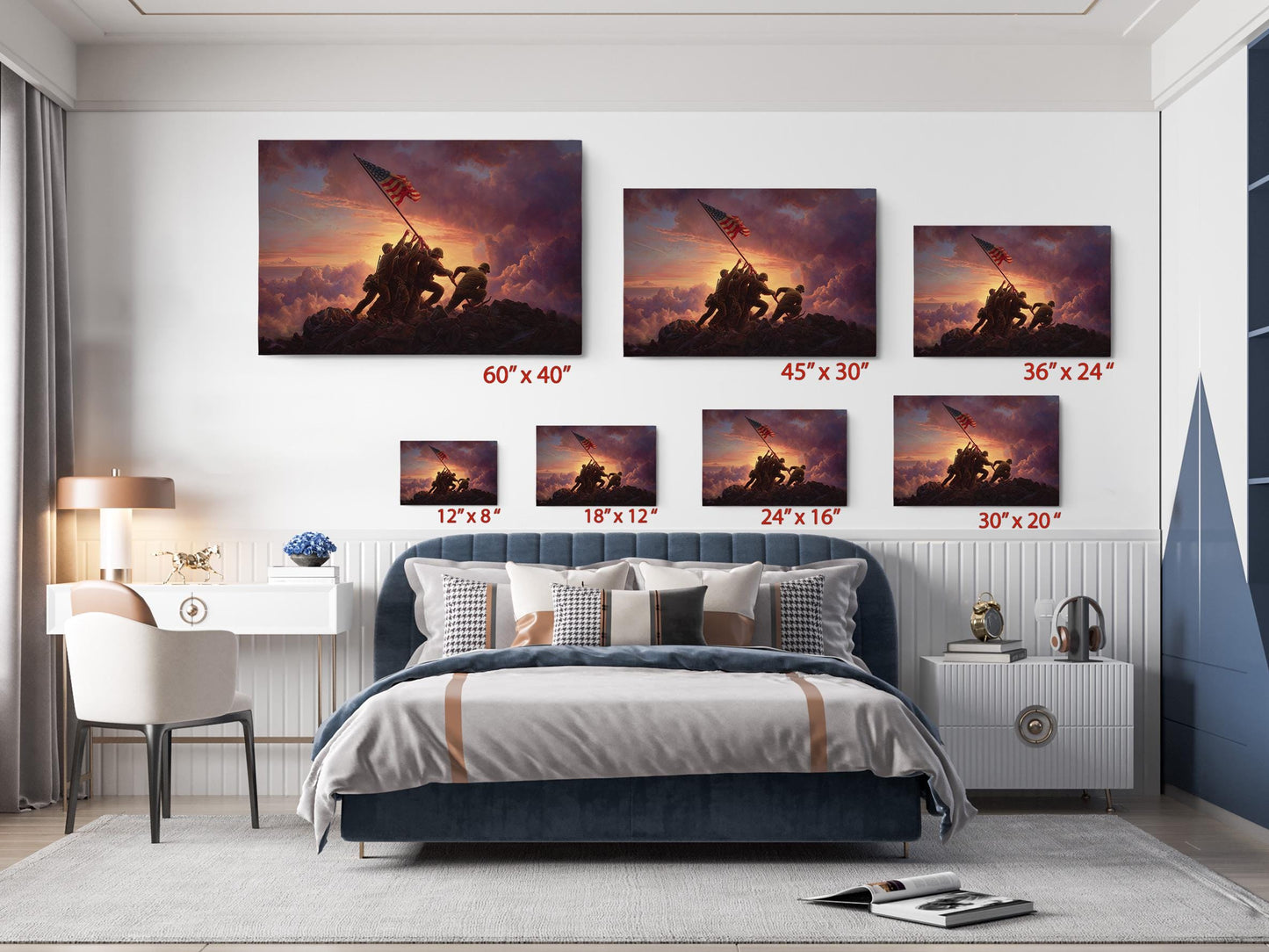 The image is a bedroom with a large bed, a nightstand, and a desk. Above the bed, there are six framed paintings of soldiers on a hill, each with a different size and resolution. The paintings are arranged in a grid-like pattern on the wall, creating a visually appealing display.