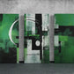 three green abstract paintings on a concrete wall