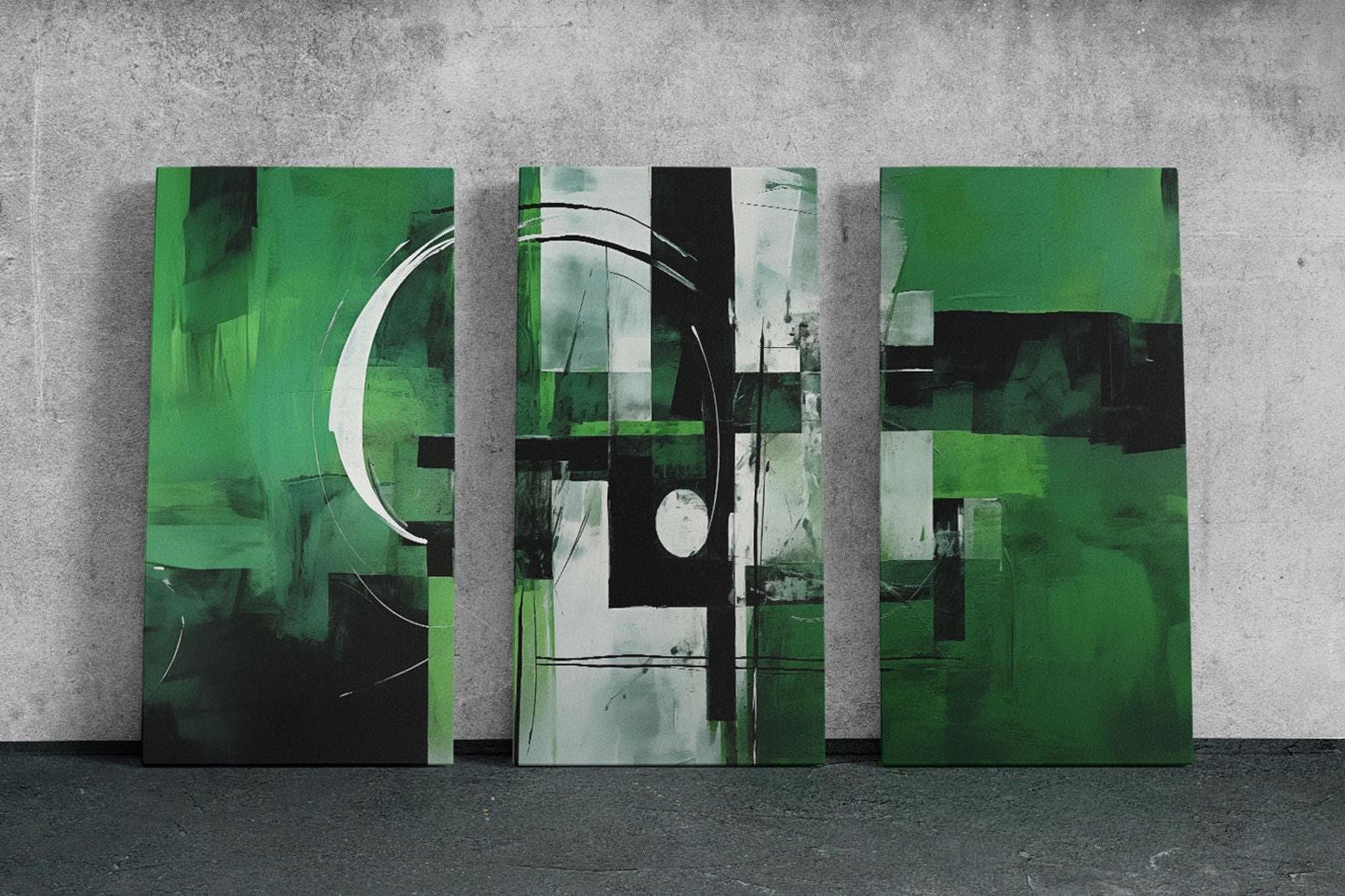 three green abstract paintings on a concrete wall