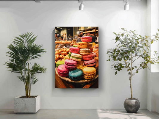 a large, colorful display of various pastries, including macarons, in a bakery setting. The pastries are arranged in an appealing manner, showcasing the bakery&#39;s offerings. The display is set against a white wall, with two potted plants placed on either side, adding a touch of greenery to the scene. The overall composition of the image is visually appealing and highlights the bakery&#39;s attention to detail and presentation.