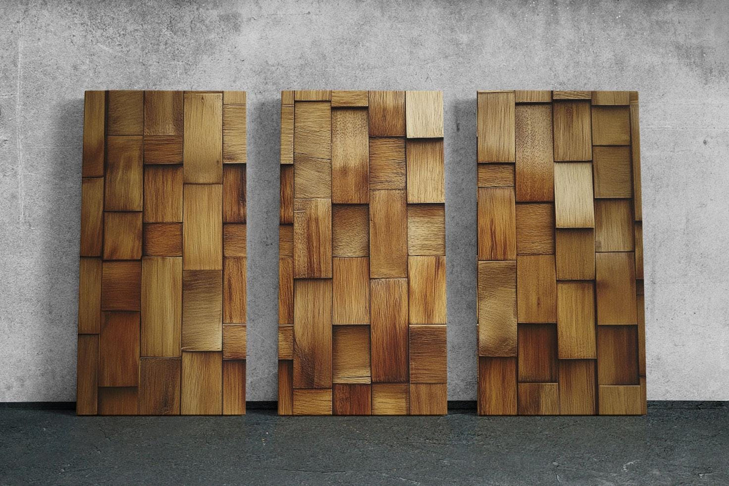 three pieces of wood sitting on top of a cement floor