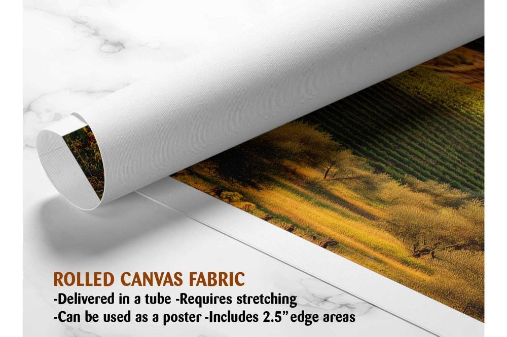 The image is a rolled canvas fabric, which is a type of canvas material used for painting or printing. It is described as a tube-delivered canvas fabric, which means it is delivered in a tube and requires stretching before use. The fabric can be used as a poster, with a 2.5&quot; edge area.