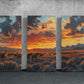 three paintings of horses in a field at sunset