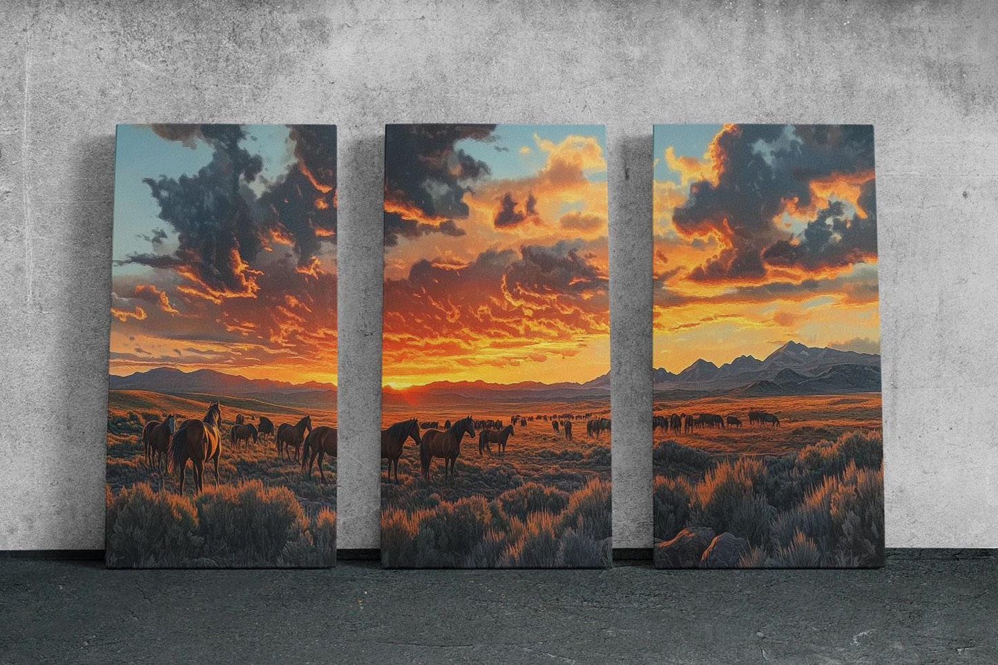 three paintings of horses in a field at sunset