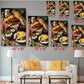 The image is a collage of six framed photographs depicting various food items, including croissants, cheese, and other dishes, arranged on a table. The photographs are of different sizes, ranging from 6 x 12 to 20 x 30 inches. The collage is displayed on a wall, with a white couch and a coffee table in the foreground.