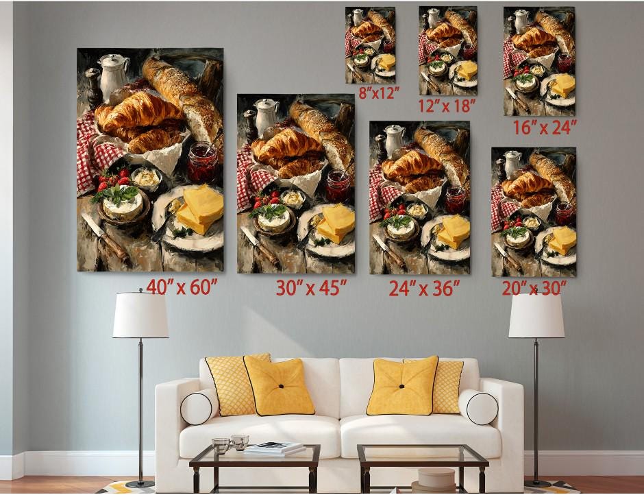 The image is a collage of six framed photographs depicting various food items, including croissants, cheese, and other dishes, arranged on a table. The photographs are of different sizes, ranging from 6 x 12 to 20 x 30 inches. The collage is displayed on a wall, with a white couch and a coffee table in the foreground.