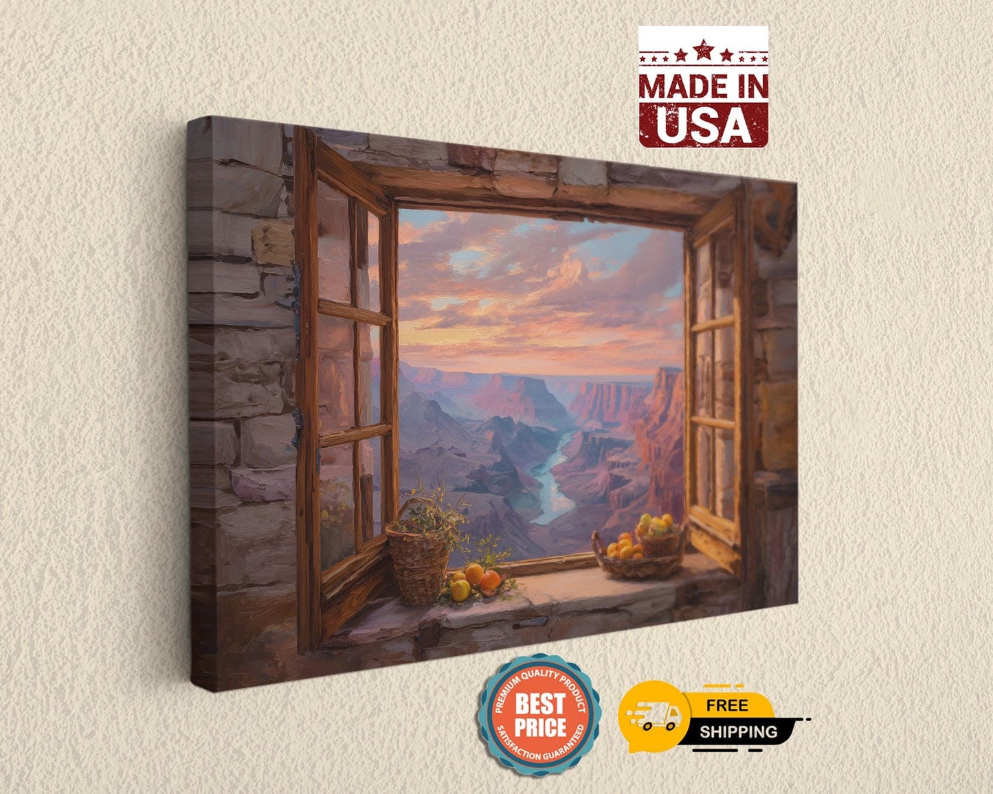 The image is a painting of a window overlooking a scenic mountain landscape, with a basket of fruit on the sill.