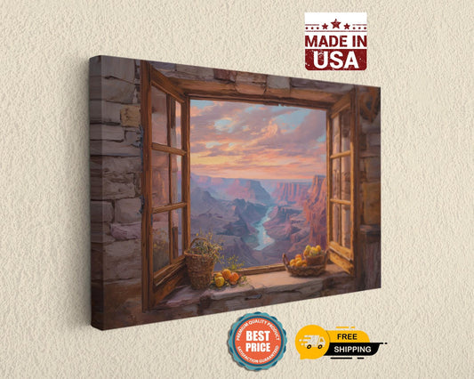 The image is a painting of a window overlooking a scenic mountain landscape, with a basket of fruit on the sill.