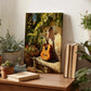 a wooden table with a painting of a guitar, surrounded by potted plants and books, creating a cozy and artistic atmosphere.