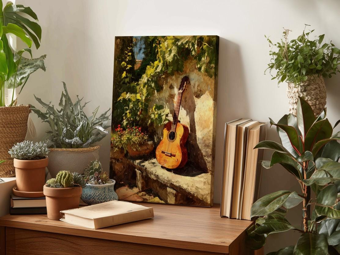 a wooden table with a painting of a guitar, surrounded by potted plants and books, creating a cozy and artistic atmosphere.