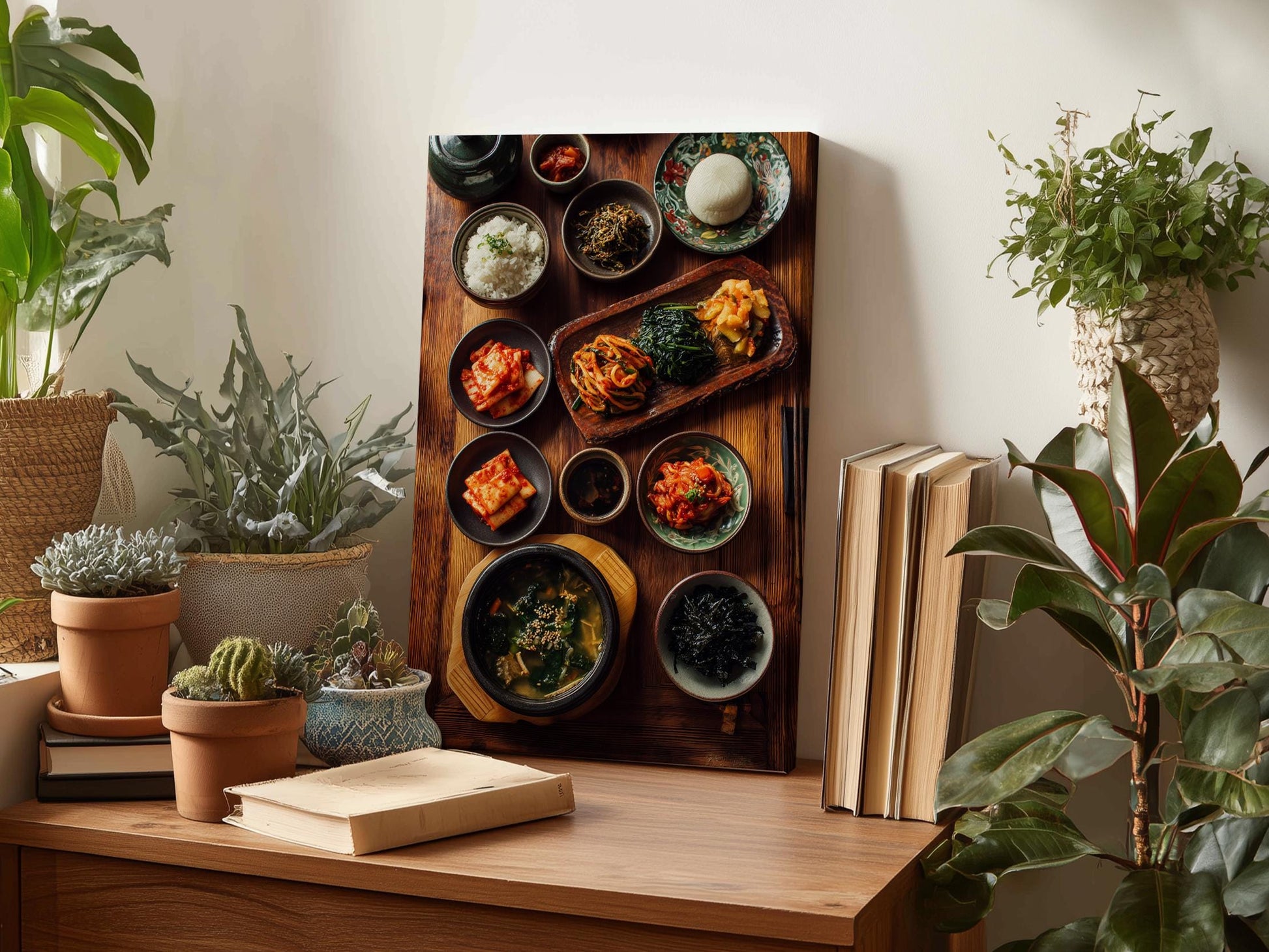 a wooden table with a variety of dishes and plants arranged on it. There are several bowls containing different types of food, as well as a book and some plants. The table also has a few books and potted plants placed around it, creating a cozy and inviting atmosphere.