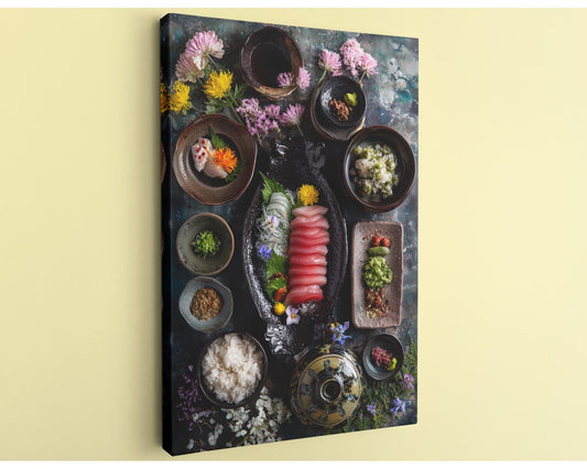 The image is a vibrant and colorful still life featuring an array of food items, including sushi, rice, and various sauces, arranged in an aesthetically pleasing manner.