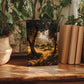a wooden table with a framed landscape painting depicting a scenic countryside view, surrounded by potted plants and books.