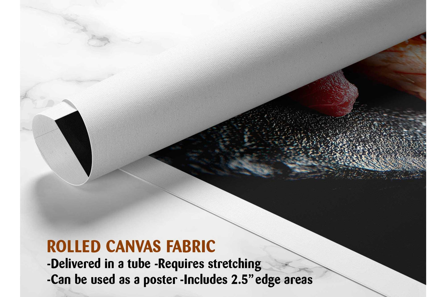 The image is a rolled canvas fabric, which is a type of canvas material used for creating posters or wall art. It is described as a tube-delivered fabric, which means it is delivered in a tube and requires stretching before use. It can be used as a poster with a 2.5&quot; edge area.