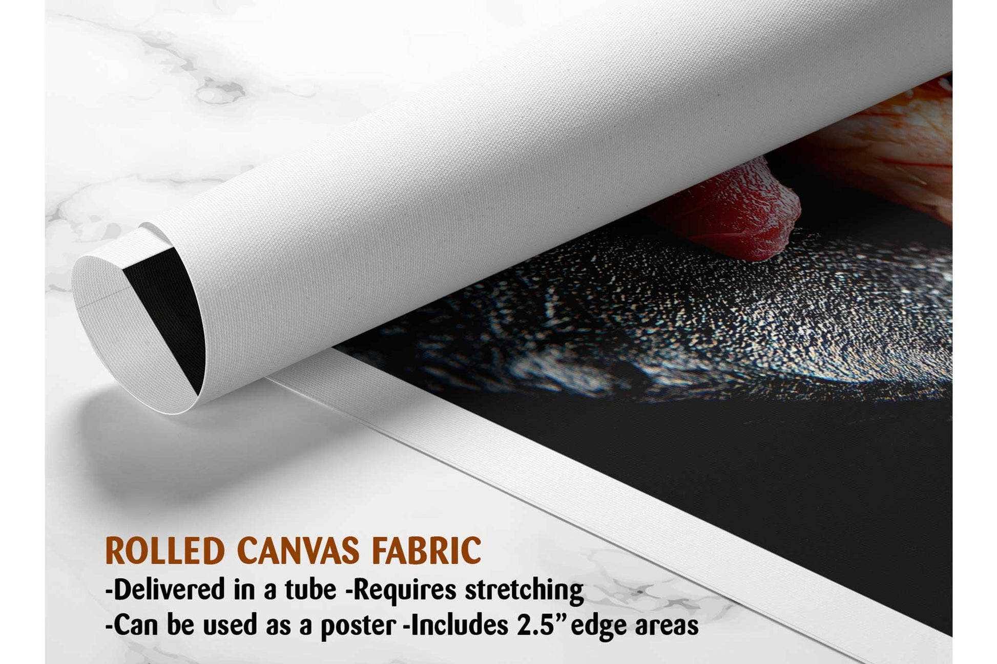 The image is a rolled canvas fabric, which is a type of canvas material used for creating posters or wall art. It is described as a tube-delivered fabric, which means it is delivered in a tube and requires stretching before use. It can be used as a poster with a 2.5&quot; edge area.