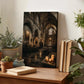 a wooden desk with a framed photograph of a church interior, surrounded by various potted plants and books.
