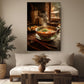 a cozy living room with a large bowl of steaming hot soup on a wooden table, surrounded by various decorative elements such as a potted plant, a vase, and a wooden coffee table.