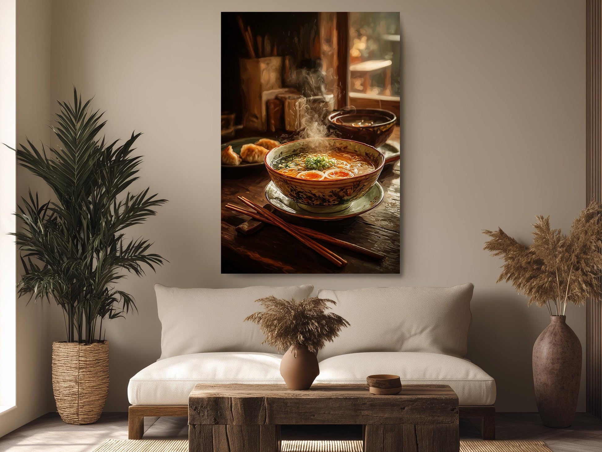 a cozy living room with a large bowl of steaming hot soup on a wooden table, surrounded by various decorative elements such as a potted plant, a vase, and a wooden coffee table.