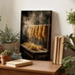 a wooden table with various objects on it, including a framed photograph of noodles drying on a rack, a stack of books, and several potted plants.