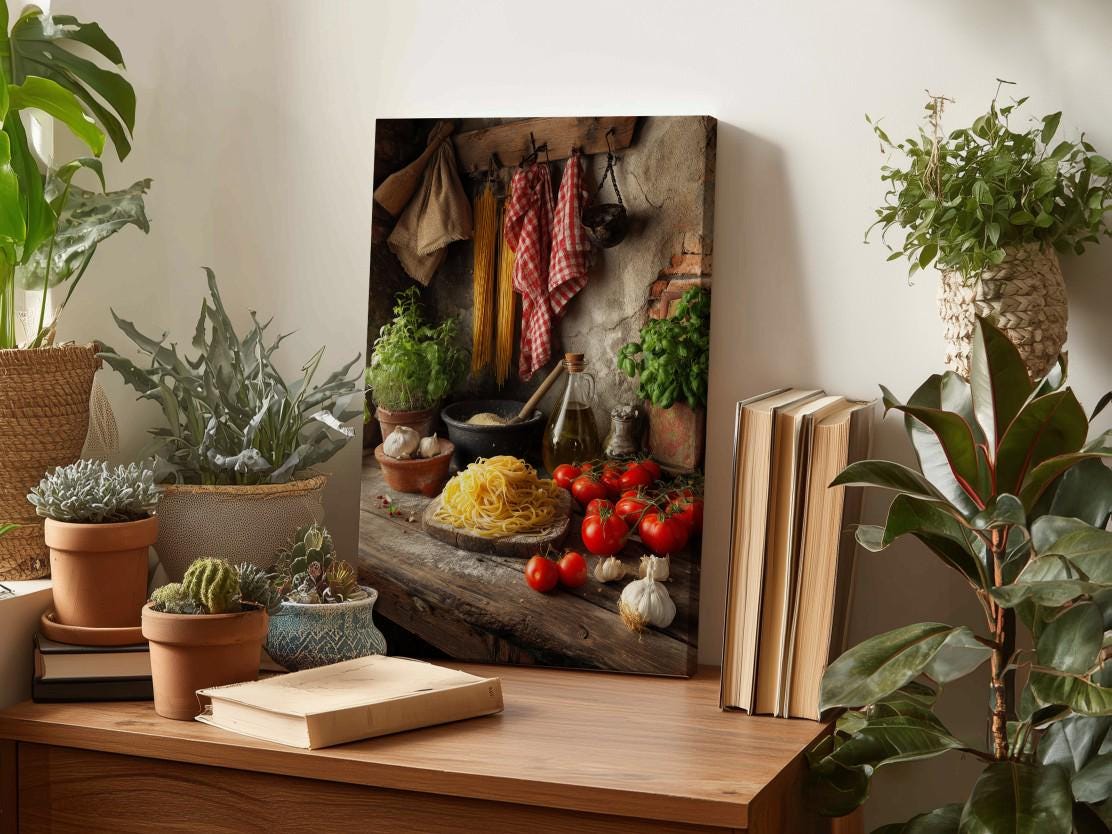 a wooden table with a painting of a kitchen scene, including a variety of fresh produce, herbs, and cooking utensils.
