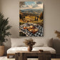 a cozy living room with a large, colorful painting of a scenic countryside landscape hanging on the wall. The painting features a picnic setup on a checkered blanket, with various food items and a vase of flowers. The room is decorated with potted plants, a wooden coffee table, and a sofa, creating a warm and inviting atmosphere.