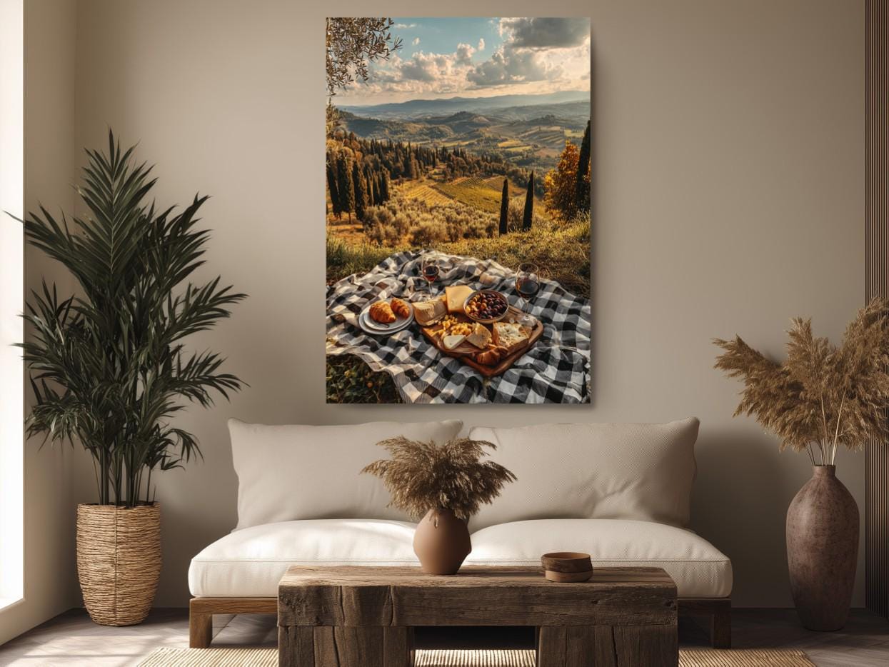 a cozy living room with a large, colorful painting of a scenic countryside landscape hanging on the wall. The painting features a picnic setup on a checkered blanket, with various food items and a vase of flowers. The room is decorated with potted plants, a wooden coffee table, and a sofa, creating a warm and inviting atmosphere.