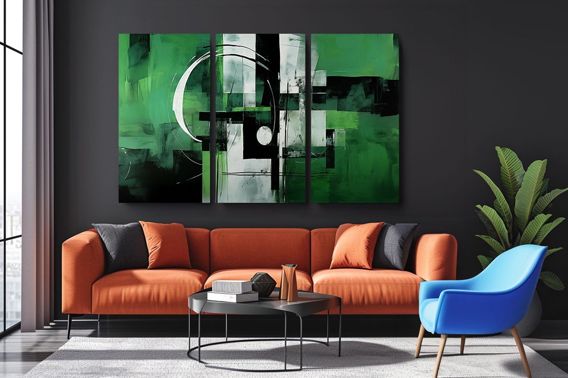 a living room with a large painting on the wall