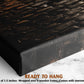The image is a close-up of a textured black surface, possibly a canvas or a wooden frame, with a text overlay that reads &quot;READY TO HANG&quot; and provides dimensions and a description of the artwork.