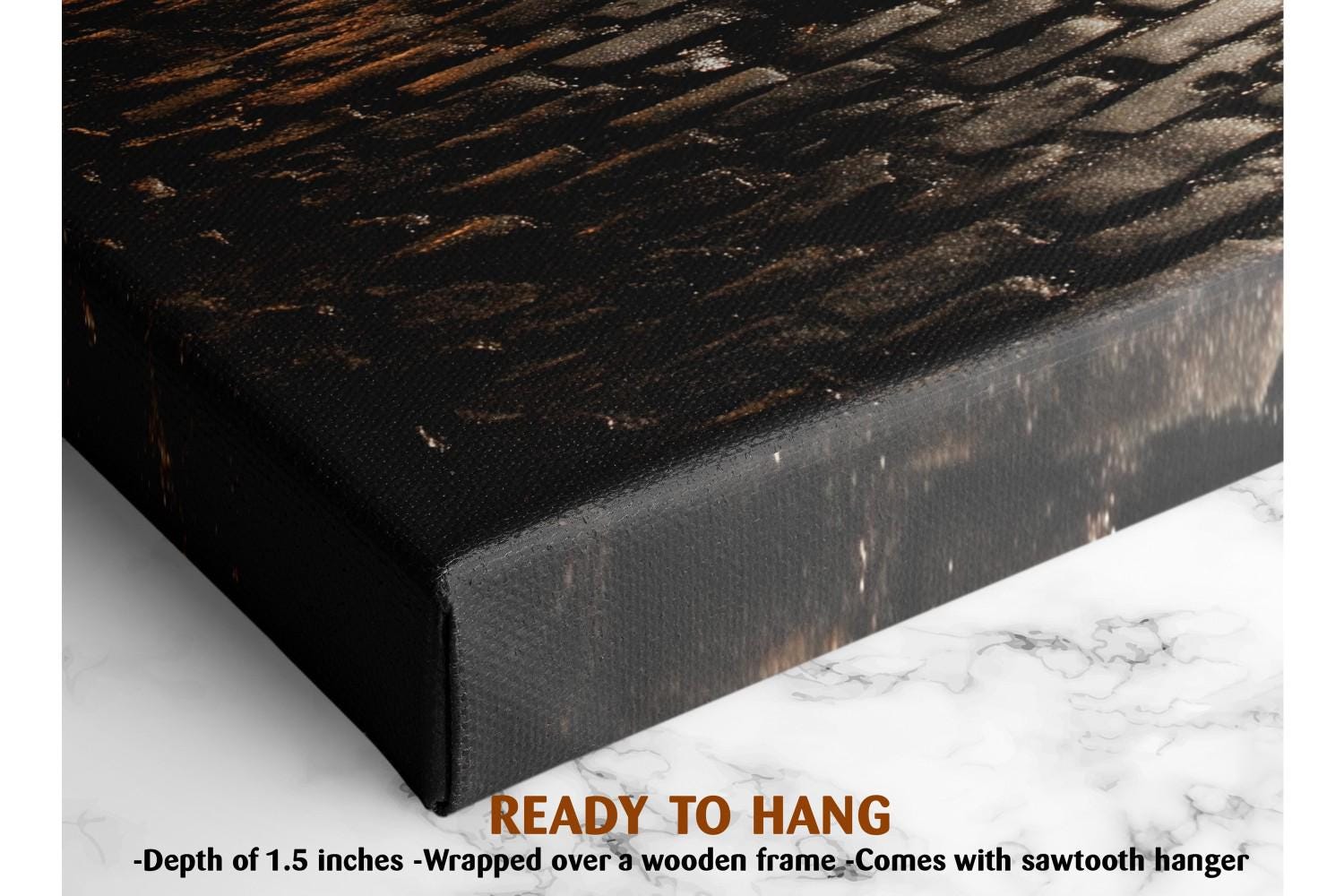 The image is a close-up of a textured black surface, possibly a canvas or a wooden frame, with a text overlay that reads &quot;READY TO HANG&quot; and provides dimensions and a description of the artwork.