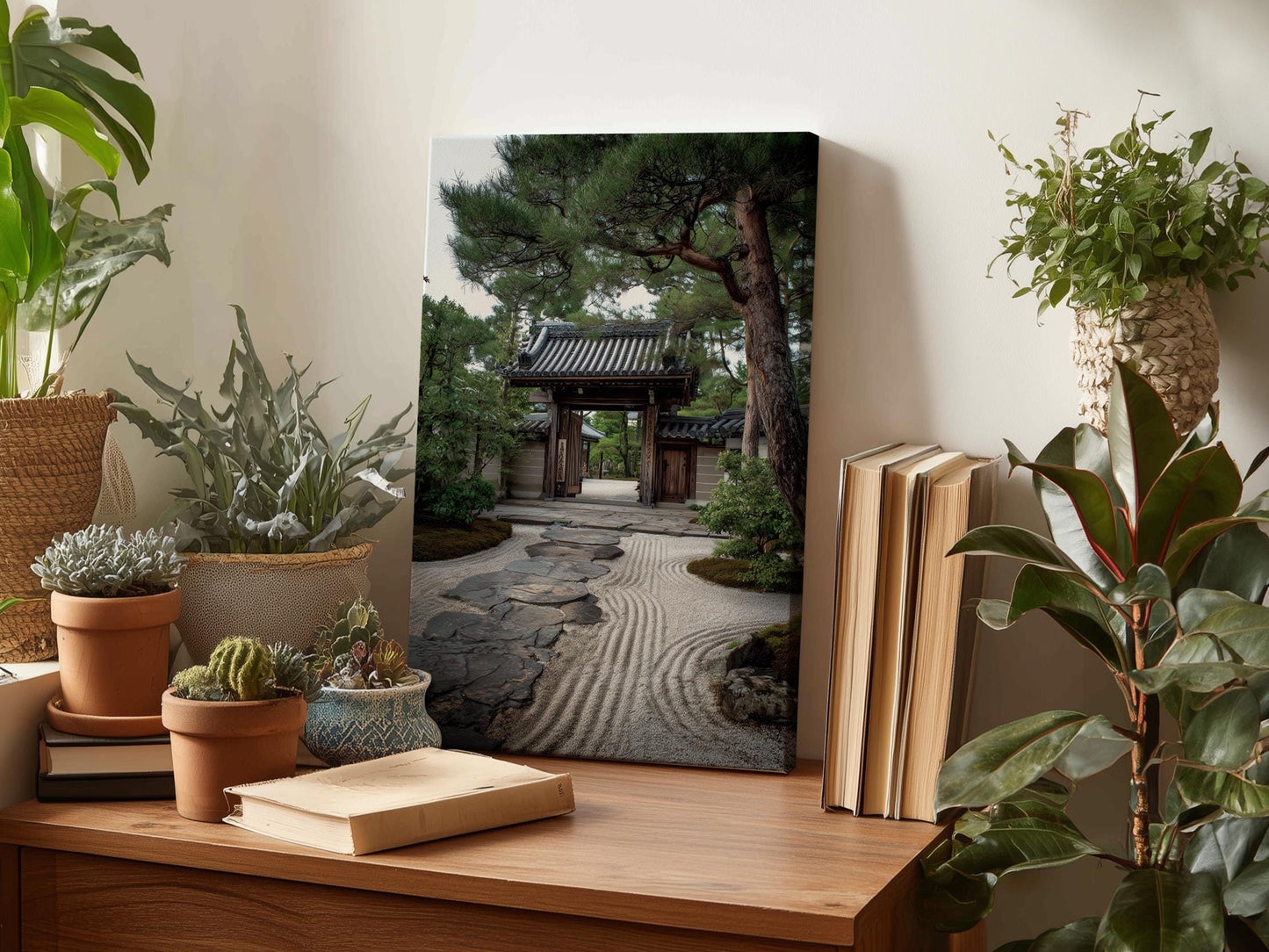 a serene Japanese garden scene, with a traditional wooden gate and a stone path leading to a small pond. The garden is surrounded by lush greenery, including various potted plants and trees. A bookshelf with books and a vase of flowers can be seen in the foreground, creating a cozy and tranquil atmosphere.