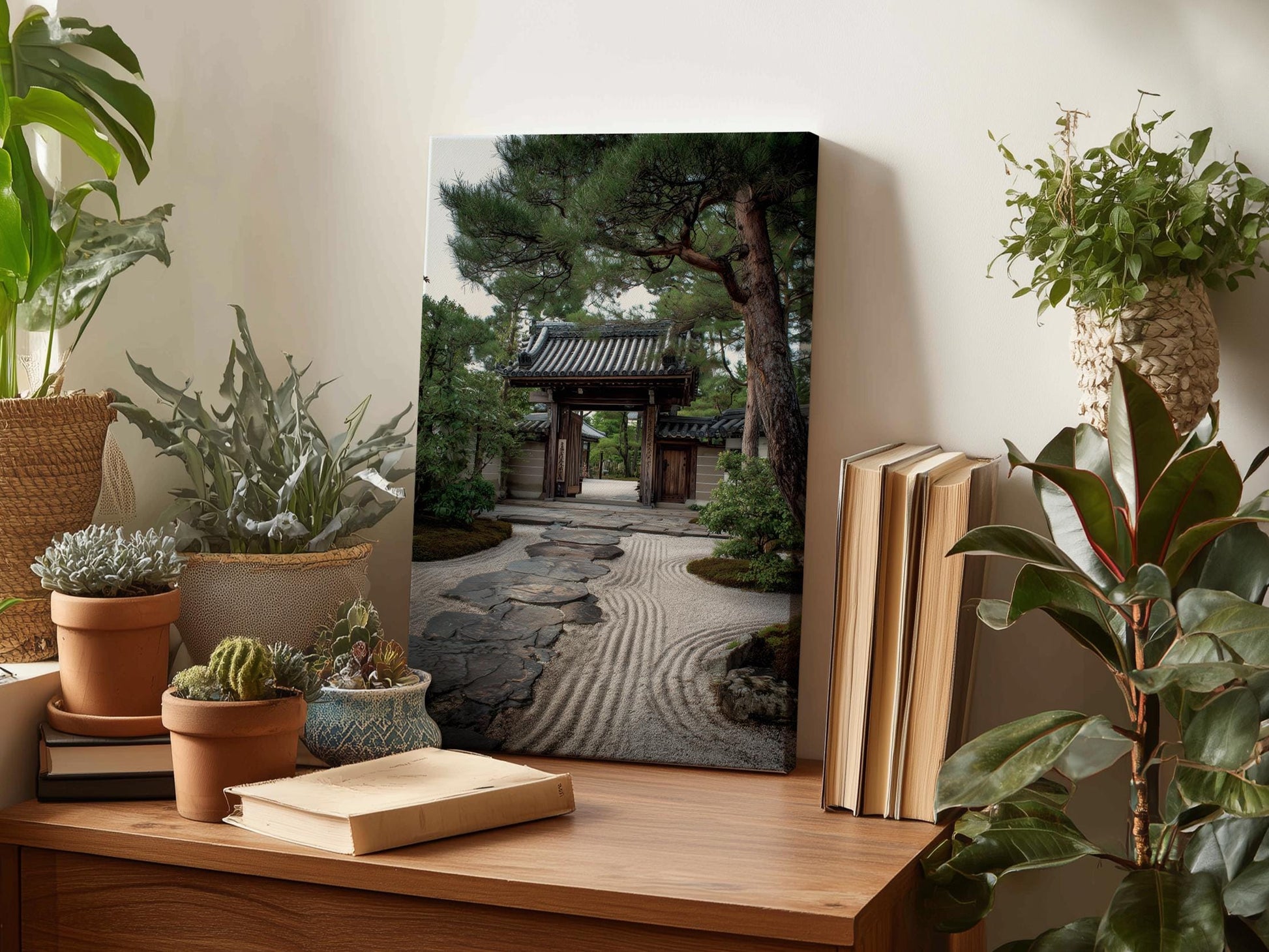 a serene Japanese garden scene, with a traditional wooden gate and a stone path leading to a small pond. The garden is surrounded by lush greenery, including various potted plants and trees. A bookshelf with books and a vase of flowers can be seen in the foreground, creating a cozy and tranquil atmosphere.