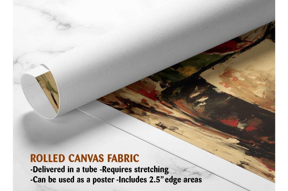 The image is a rolled canvas fabric, which is a type of canvas material used for painting or printing. It is described as a tube-delivered canvas fabric, which means it is delivered in a tube and requires stretching before use. It can be used as a poster with a 2.5&quot; edge area.
