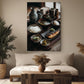 a cozy living room with a large, detailed photograph of a traditional Japanese meal displayed on the wall. The meal includes various bowls of food, a vase of flowers, and a potted plant, creating a warm and inviting atmosphere.