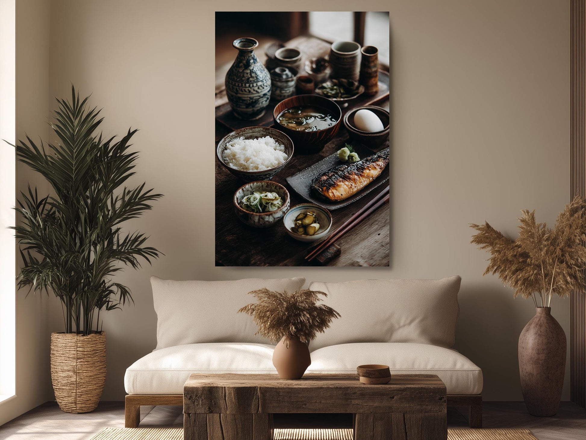 a cozy living room with a large, detailed photograph of a traditional Japanese meal displayed on the wall. The meal includes various bowls of food, a vase of flowers, and a potted plant, creating a warm and inviting atmosphere.