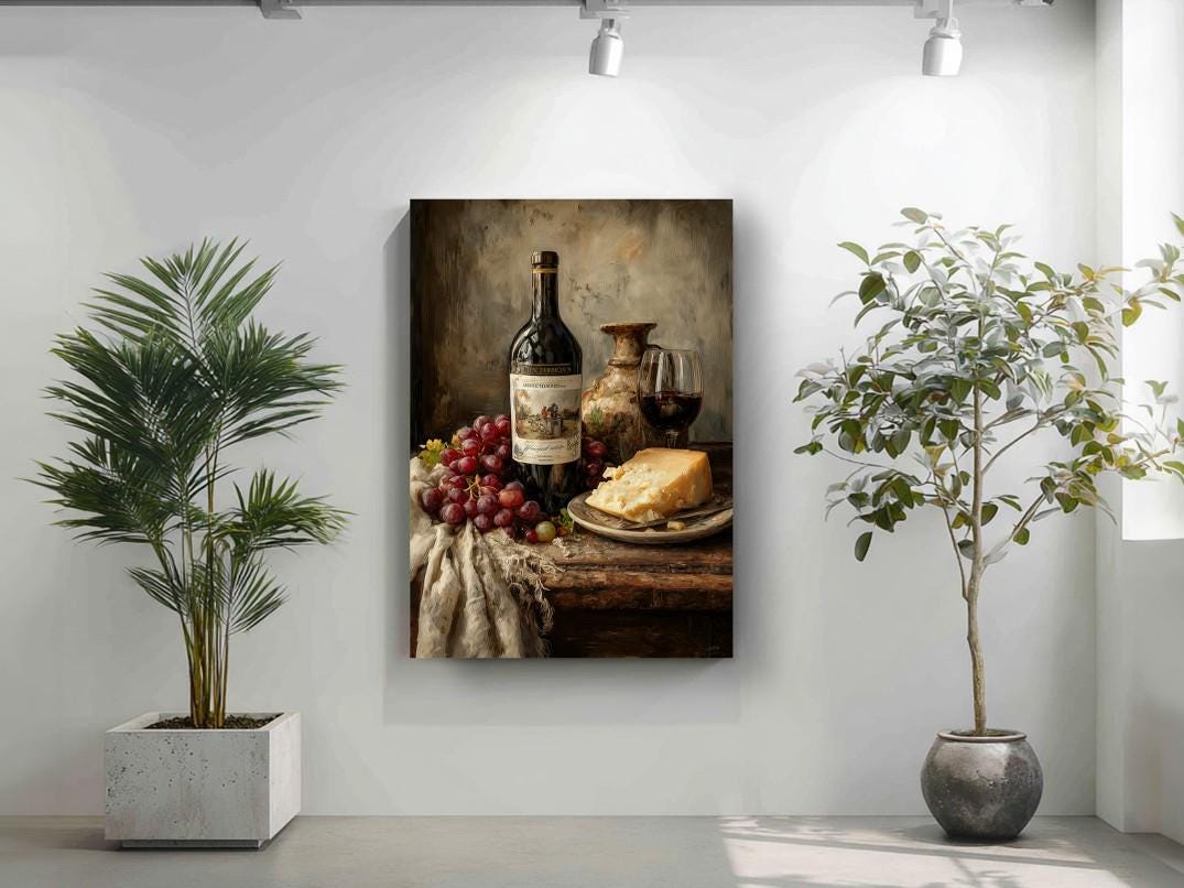 a still life painting of a table with a bottle of wine, a vase of flowers, and a plate of cheese, set against a white wall with a potted plant on the left side.