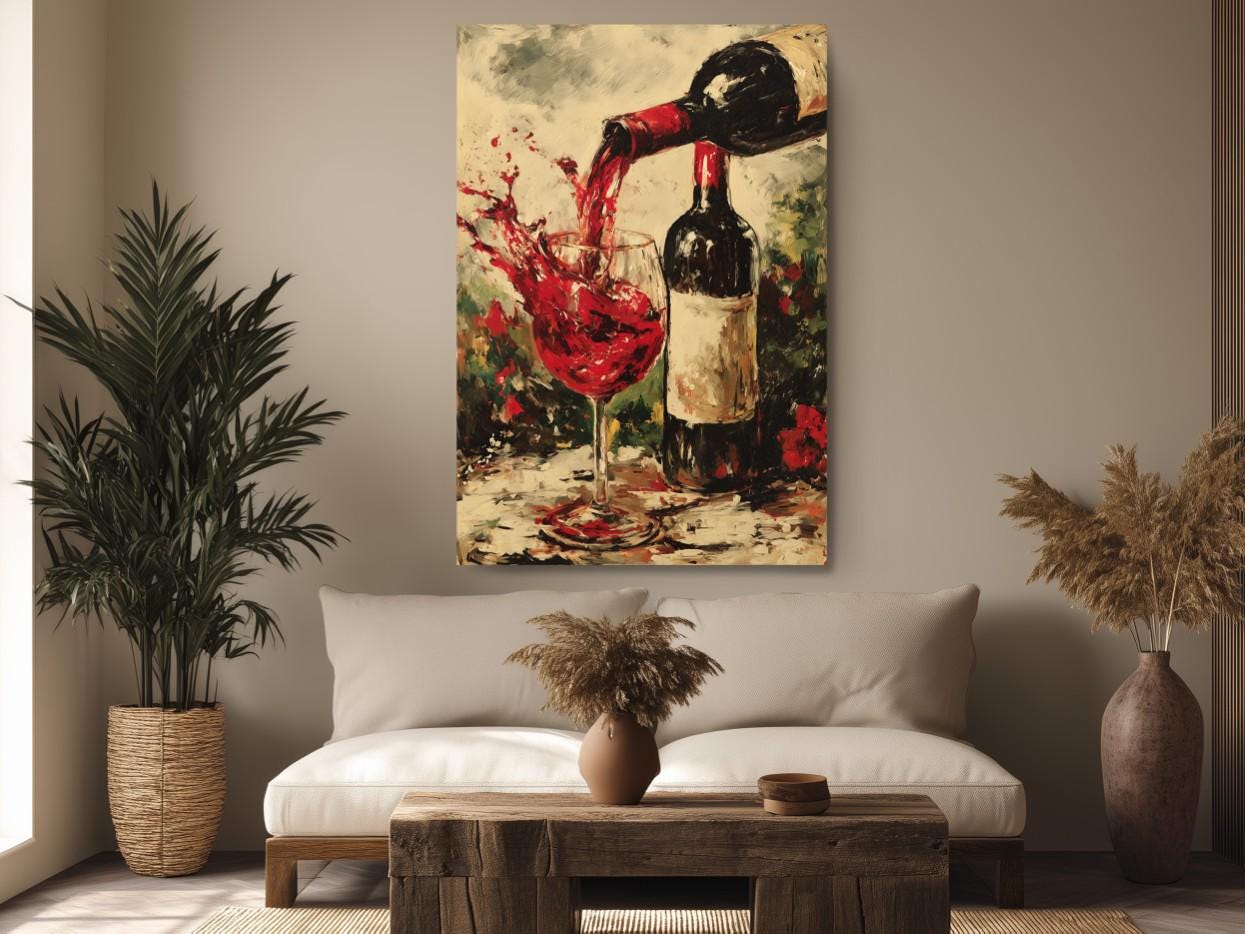 a living room with a large painting of a wine bottle and glass on the wall, a wooden coffee table in front of the couch, and potted plants on either side of the room.