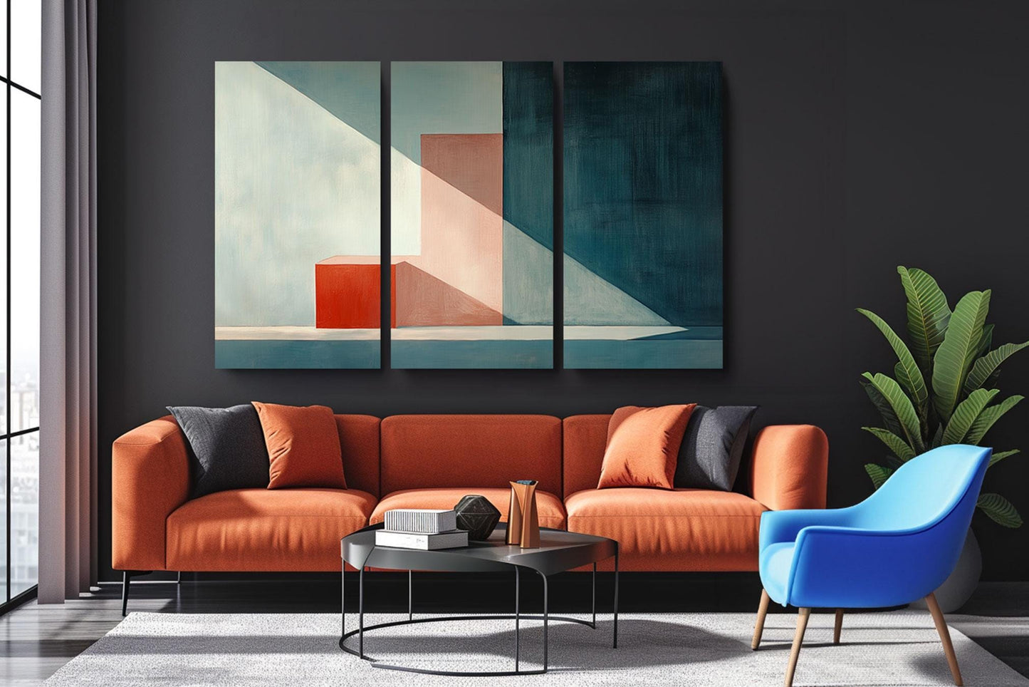 a living room with a couch a chair and a painting on the wall